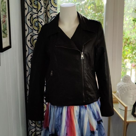 Black Faux Leather Jacket with Graphic Text - Picture 2 of 7